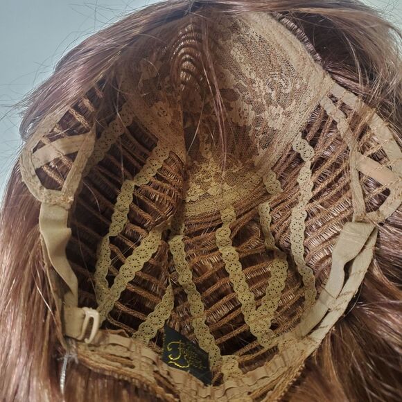 long straight brown wig with curtain bangs red highlights NEW - Picture 5 of 7